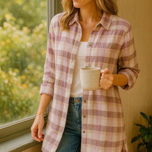 Soft Surroundings Plaid Button Down Shirt Purple Pink Cotton Textured Tunic - Picture 1 of 12